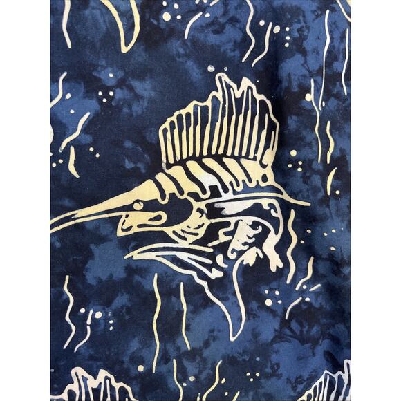 Fishtech Shirt Mens XLT Navy Fish Print Hawaiian Batik Cotton Beach Coastal Dad - Picture 7 of 12